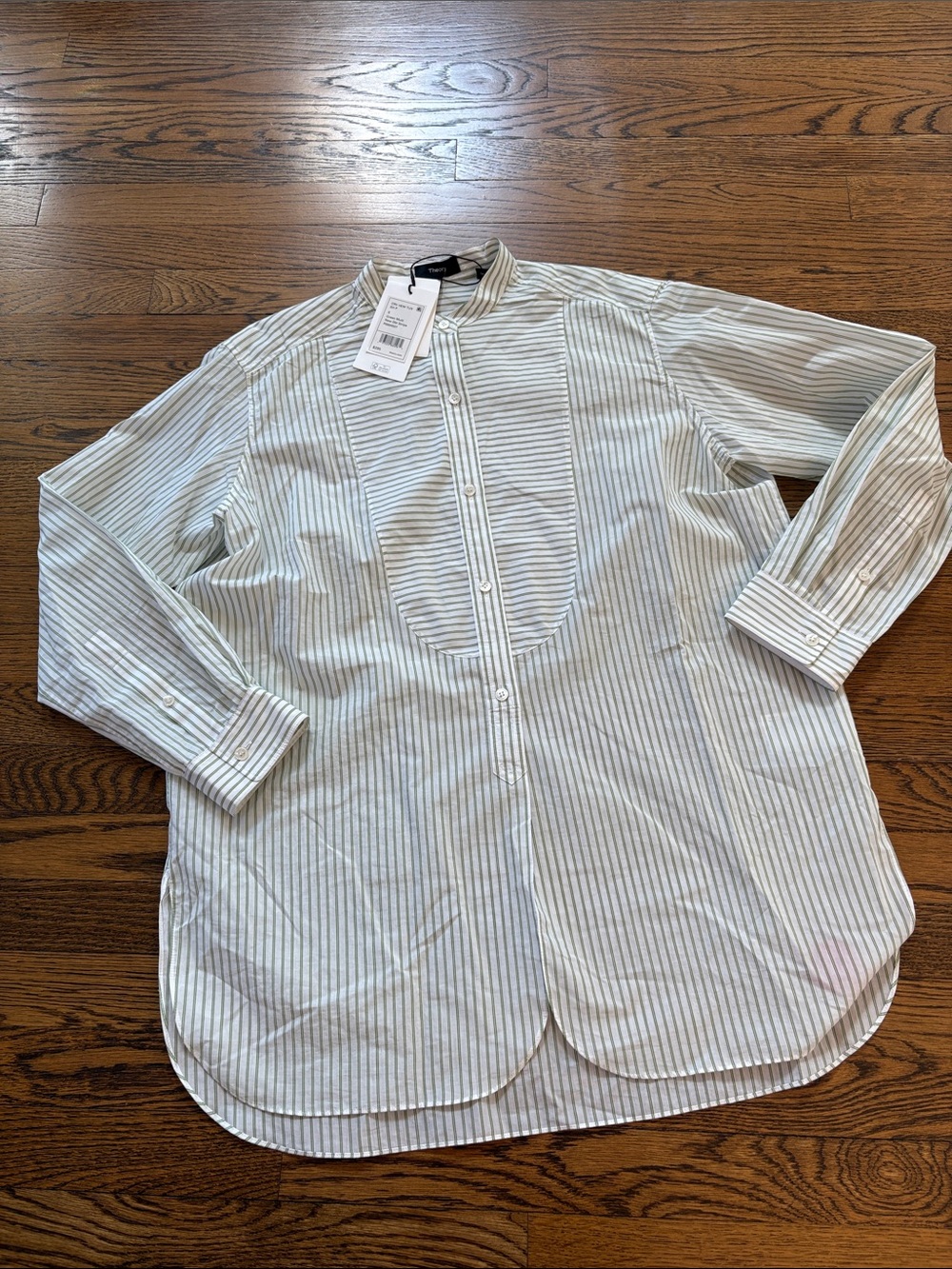 Theory NWT White and green double Striped long sleeve  Button-Down Blouse, S,